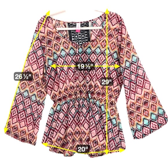 No Boundaries Geometric print peasant Blouse Womens SZ L Flared Sleeves Bohochic - Picture 3 of 12